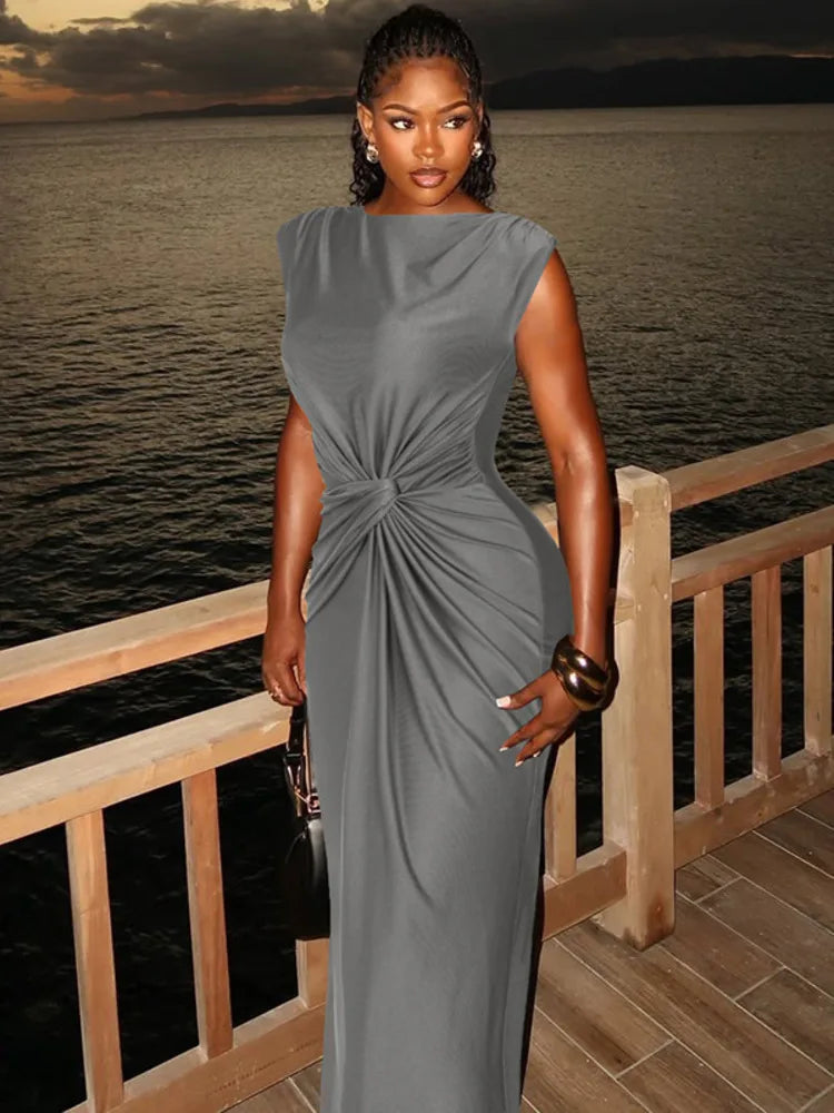 Sleeveless Ruched Sexy Maxi Dress For Women Gown Fashion Solid O Neck High Waist Bodycon Club Long Dress Vestido