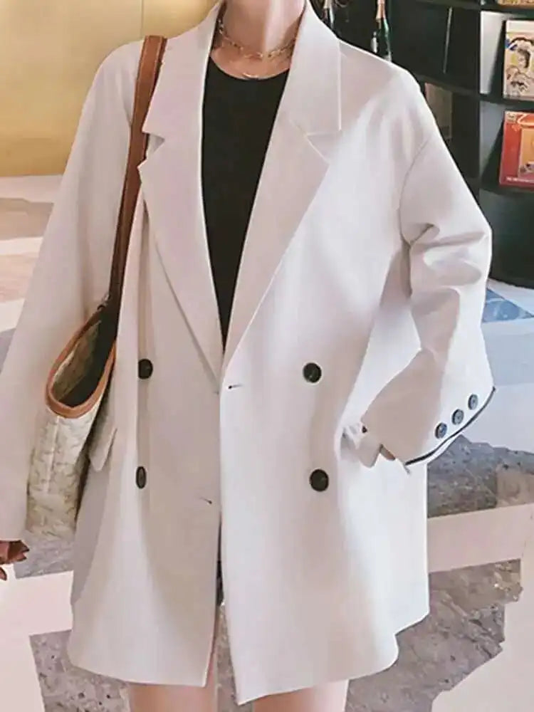 Women Khaki Double Breasted Big Size Elegant Blazer New Lapel Long Sleeve Jacket Fashion Tide Spring Autumn 2025 1DH6252