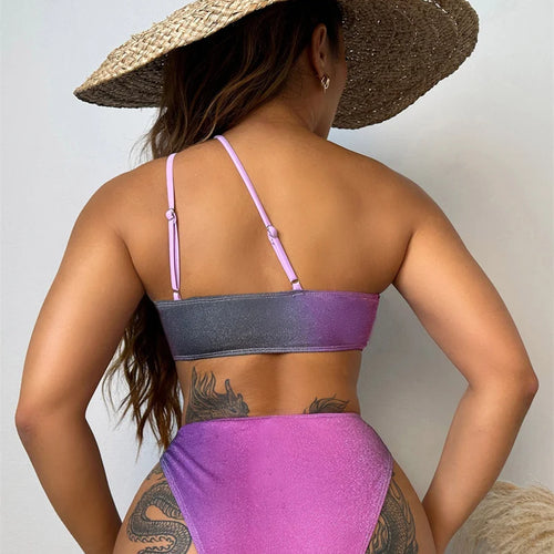 Load image into Gallery viewer, Sexy Gradient Print Halter Bikini Set High Waist Female Swimsuit One Shoulder Women Swimwear Two-pieces Bikini set
