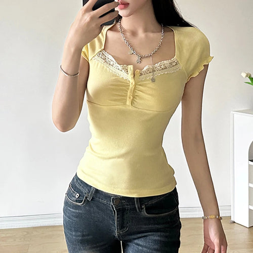 Load image into Gallery viewer, Korean Fashion Yellow Folds Lace Trim Women T-shirts Buttons Cutecore Kawaii Cropped Top Basic Frills Tee Clothes Y2K
