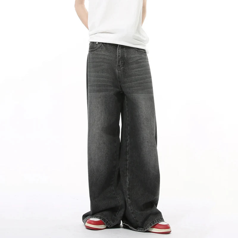 Autumn Men's Denim Pants Solid Color Korean Style Washing Straight Wide Leg Male Casual Mopping Trousers Autumn 9C8977