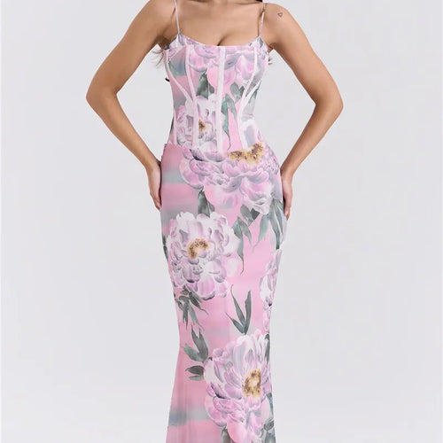 Load image into Gallery viewer, Pink Floral Sexy Maxi Dress Women Gown Spaghetti Strap Sleeveless Backless Elegant Evening Club Party Long Dress
