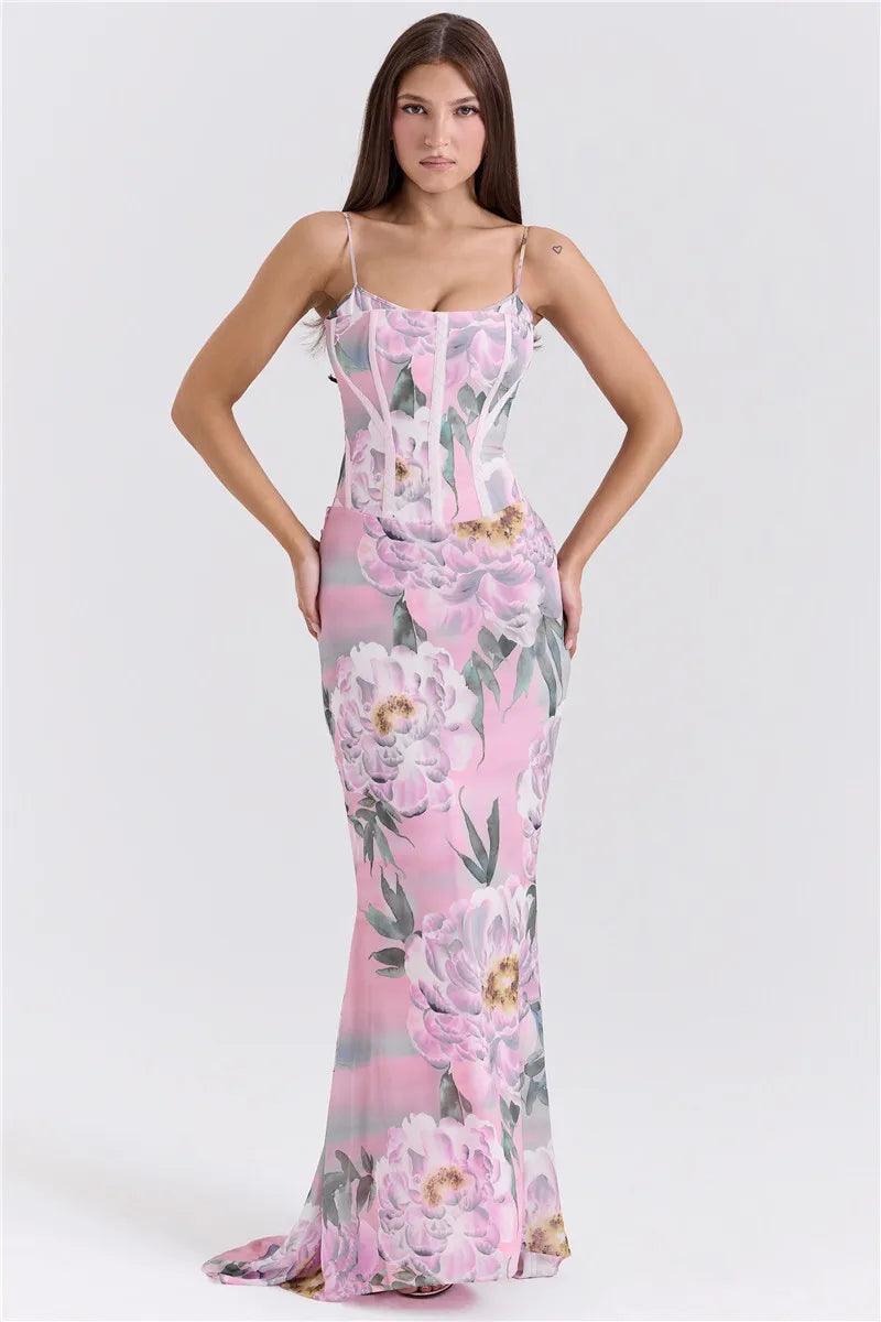 Pink Floral Sexy Maxi Dress Women Gown Spaghetti Strap Sleeveless Backless Elegant Evening Club Party Long Dress