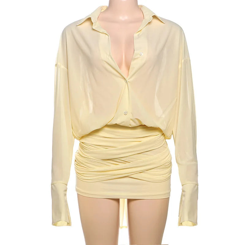 Sexy Long Sleeve Turn-down Colla Bag Hip Strap Shirt Dress For Women See Through Patchwork High Waist Dress Streetwear