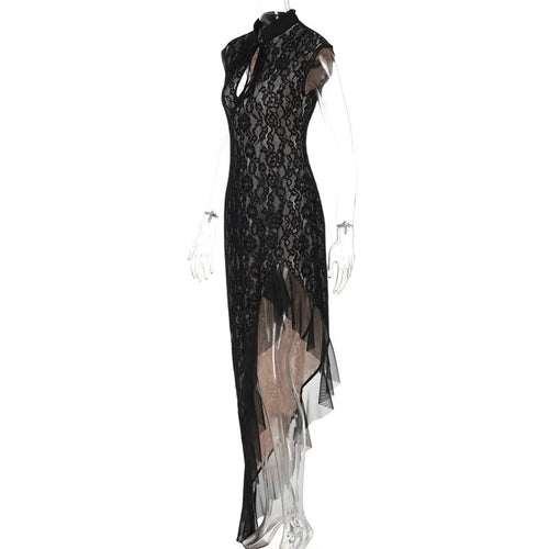 Load image into Gallery viewer, Mesh Lace Ruffled Sexy Maxi Dress For Women Gown Black Hollow Out Sleeveless Thigh High Split Club Long Dress Vestido
