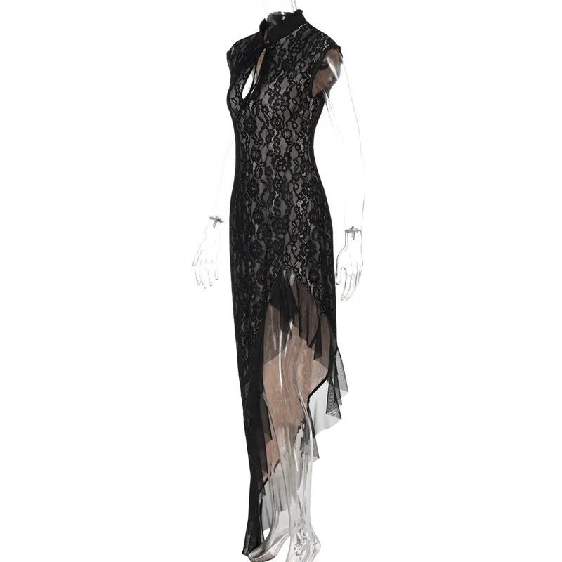 Mesh Lace Ruffled Sexy Maxi Dress For Women Gown Black Hollow Out Sleeveless Thigh High Split Club Long Dress Vestido