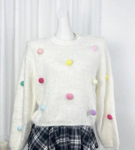Autumn Winter White Mink Hairball Decoration Short Knitted Sweater Women Round Neck Vacation Long Sleeves Pullover Tops Street