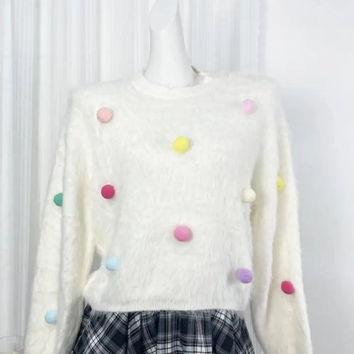 Load image into Gallery viewer, Autumn Winter White Mink Hairball Decoration Short Knitted Sweater Women Round Neck Vacation Long Sleeves Pullover Tops Street
