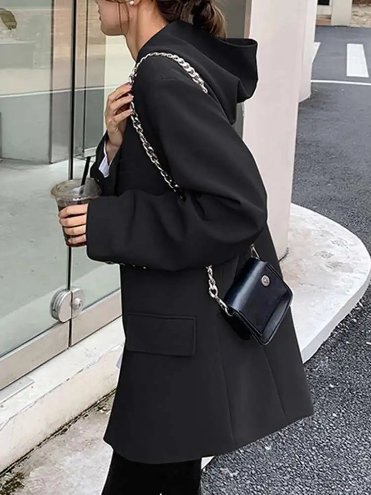 Women Slit Irregular Big Size Blazer New Hooded Long Sleeve Loose Fit Jacket Fashion Tide Spring Autumn 2025  1DH0482