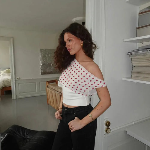 Load image into Gallery viewer, Backless Polka Dot Crop Tops Women Vest Fashion Summer New Oblique Shoulder Sleeveless Tank Tops Pullovers Female
