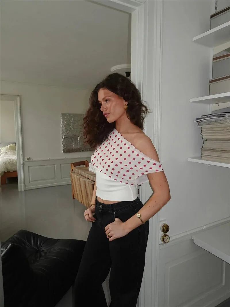 Backless Polka Dot Crop Tops Women Vest Fashion Summer New Oblique Shoulder Sleeveless Tank Tops Pullovers Female