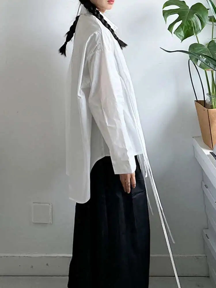 Women White Irregular String Slit Big Size Blouse New Lapel Long Sleeve Shirt Fashion Tide Spring Autumn 2025 1DJ0302