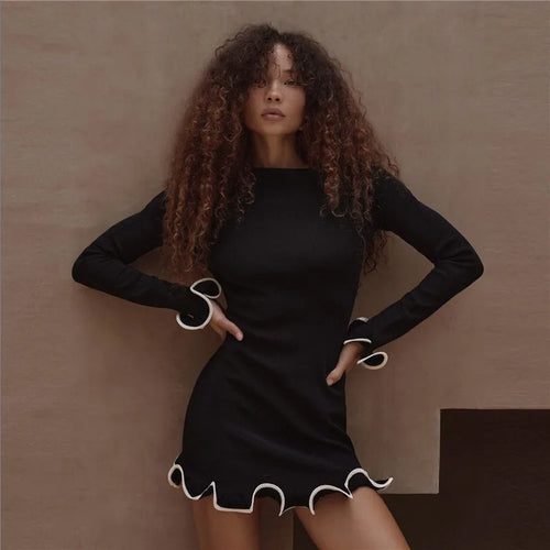 Load image into Gallery viewer, Long Sleeve Knit Mini Dress For Women Pullovers Sweater Dress Autumn Winter New Contrast Color O Neck Ruffled Dress
