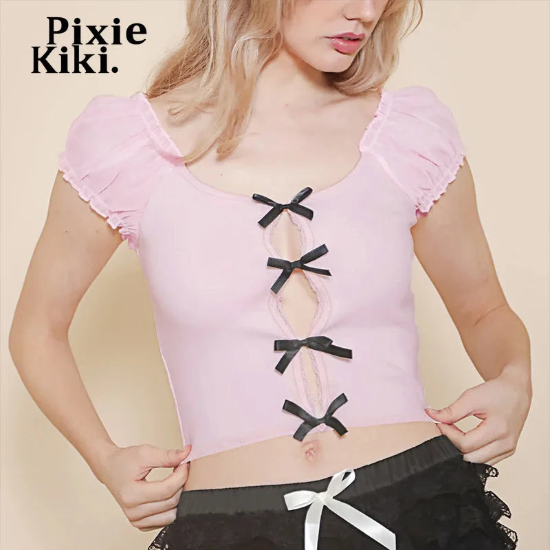 Mesh Bubble Sleeve Hollow Bow Shirts & Blouses Cute Pink Crop Tops Girly Y2k Summer Clothes Women 2024 P67-BE10