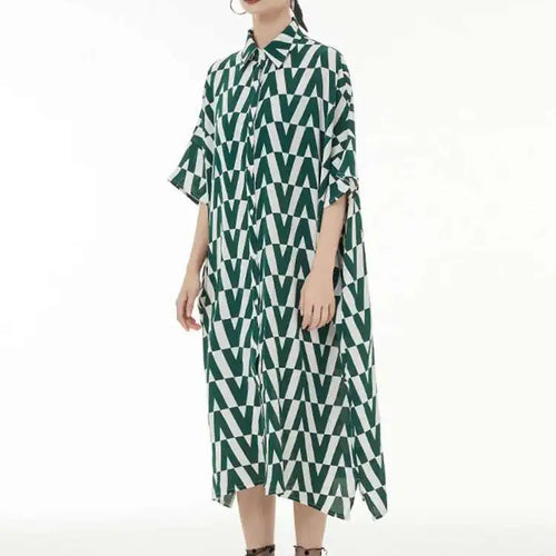 Load image into Gallery viewer, Women Black Pattern Printed Big Size Long Shirt Dress New Lapel Half Sleeve Loose Fit Fashion Spring Summer 2025 1DE9944
