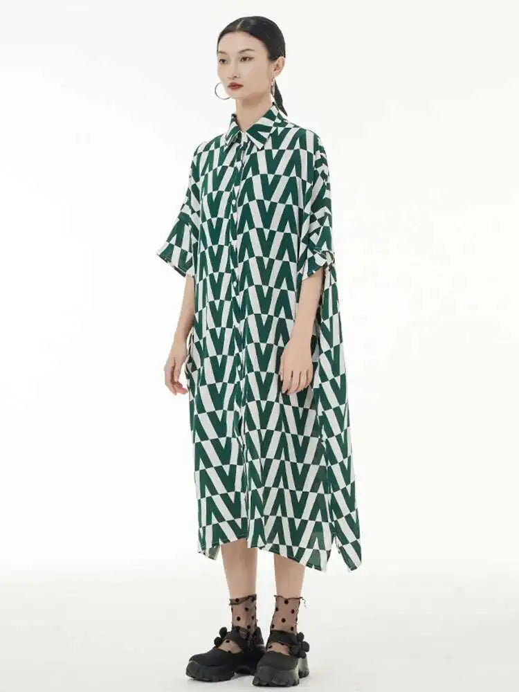 Women Black Pattern Printed Big Size Long Shirt Dress New Lapel Half Sleeve Loose Fit Fashion Spring Summer 2025 1DE9944