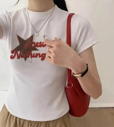 Cotton Woman Tshirts 2024 Ropa Mujer Slim Fit O-neck Short Sleeve Tees Casual Fashion Print T Shirts Korean Vintage Y2k T-shirt