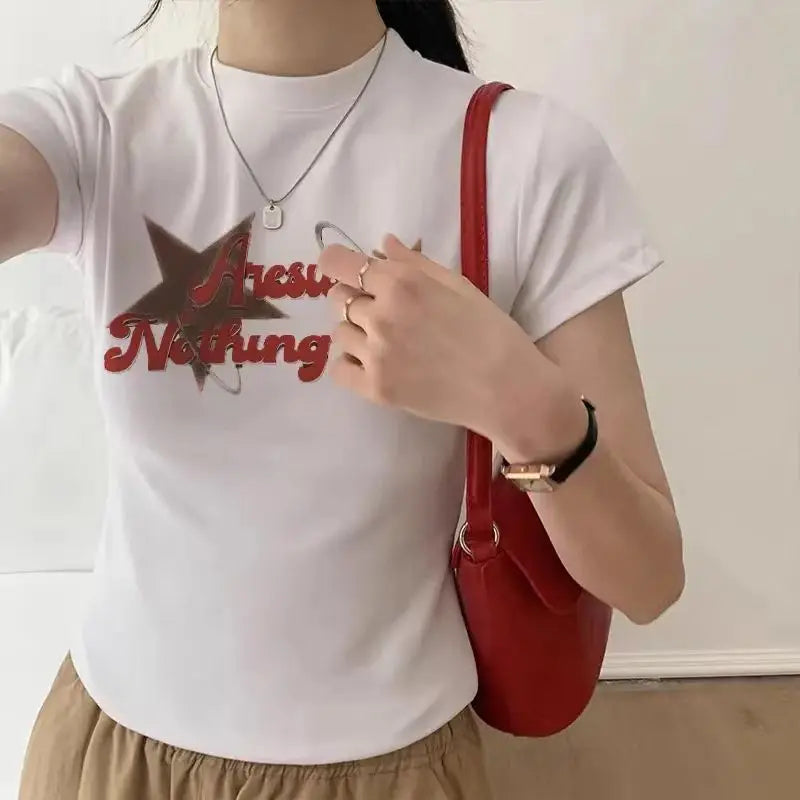Cotton Woman Tshirts 2024 Ropa Mujer Slim Fit O-neck Short Sleeve Tees Casual Fashion Print T Shirts Korean Vintage Y2k T-shirt