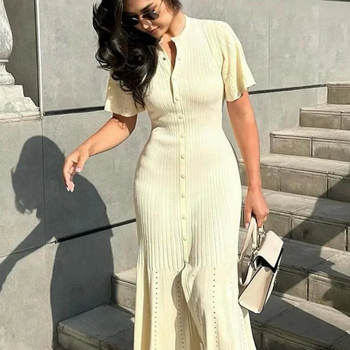 Load image into Gallery viewer, Elegant Solid Pleated Hem Women Knit Midi Dress Chic O-neck Short Sleeve Single-breasted Hip Wrap Dresses Lady High Street Robes
