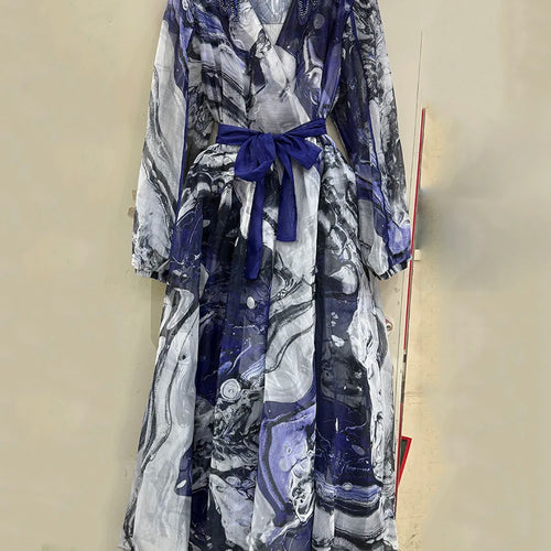 Load image into Gallery viewer, Printing Spliced Appliques Fashion Dresses for Women V Neck Long Sleeves Patchwork Folds Dress Female Clothing New
