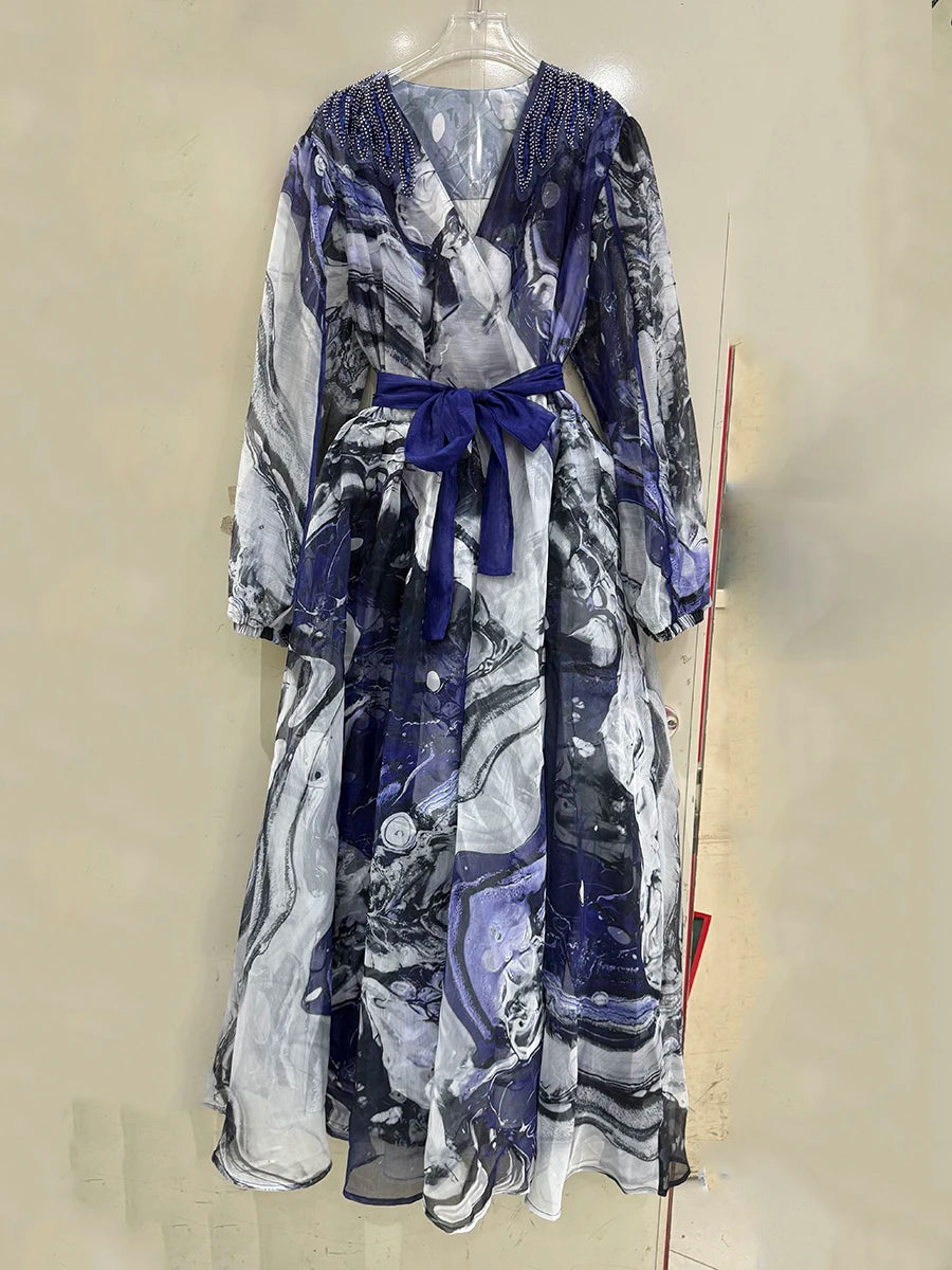 Printing Spliced Appliques Fashion Dresses for Women V Neck Long Sleeves Patchwork Folds Dress Female Clothing New