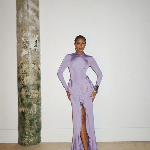 Load image into Gallery viewer, Backless Ruffled Sexy Maxi Dress For Women Gown Fashion O Neck Long Sleeve Thigh High Split Evening Long Dress Elegant
