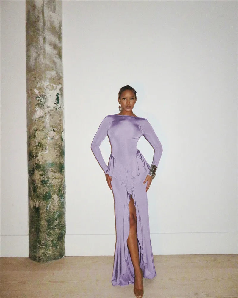 Backless Ruffled Sexy Maxi Dress For Women Gown Fashion O Neck Long Sleeve Thigh High Split Evening Long Dress Elegant