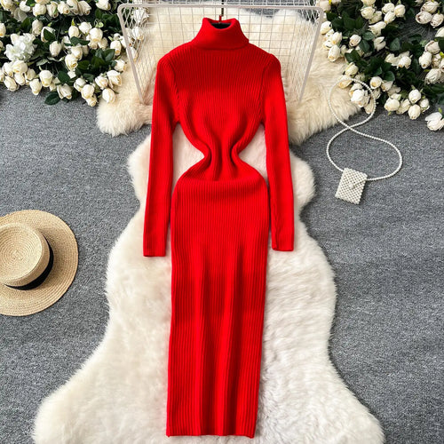 Load image into Gallery viewer, Korean Women Solid High Neck Straight Dresses Autumn Winter Slim Long Sleeve Office Knitted Dress Ladies Simplicity Popular Chic
