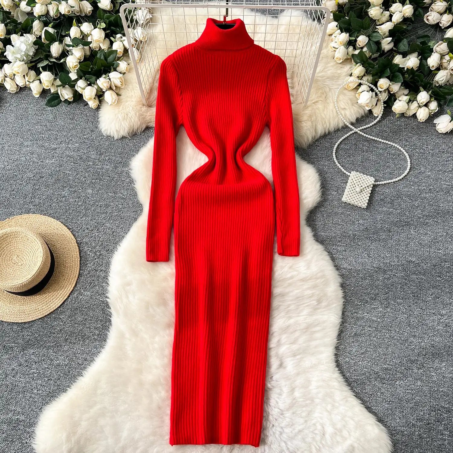 Korean Women Solid High Neck Straight Dresses Autumn Winter Slim Long Sleeve Office Knitted Dress Ladies Simplicity Popular Chic