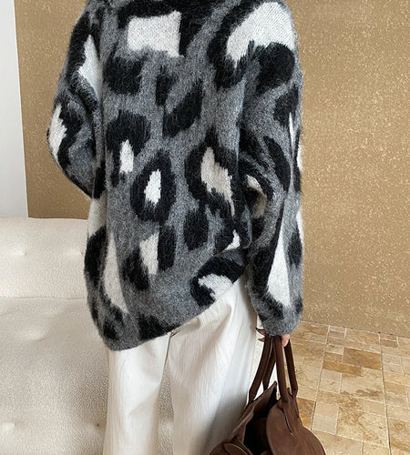 Gray Leopard Big Size Knitting Sweater Round Neck Long Sleeve Women Pullovers New Fashion Tide Spring Autumn 2025 1DH7968
