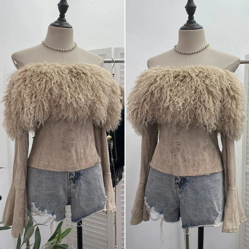 Load image into Gallery viewer, Y2k Aesthetic Vintage Fur Patchwork Bodycon Tees Harajuku Women Slash Neck Grunge T-shirt Streetwear Fairy Hole Cropped Tshirt
