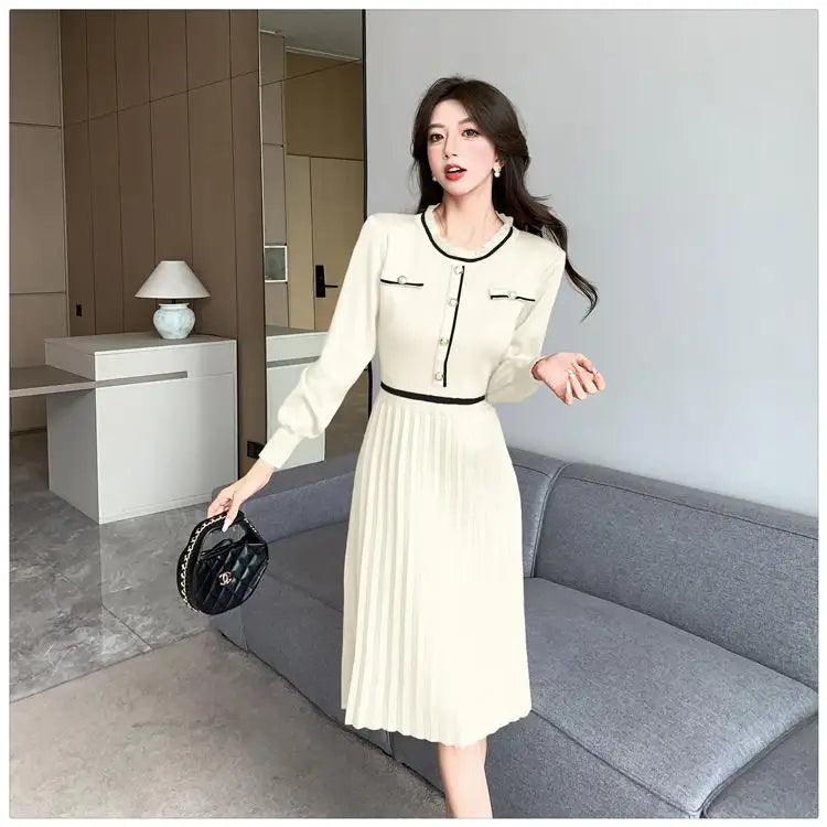 Autumn Winter Fashion Patchwork Long Sleeves Button Knitted Dresses Women's Elegant Round Neck Office Pleated Midi Dress Popular