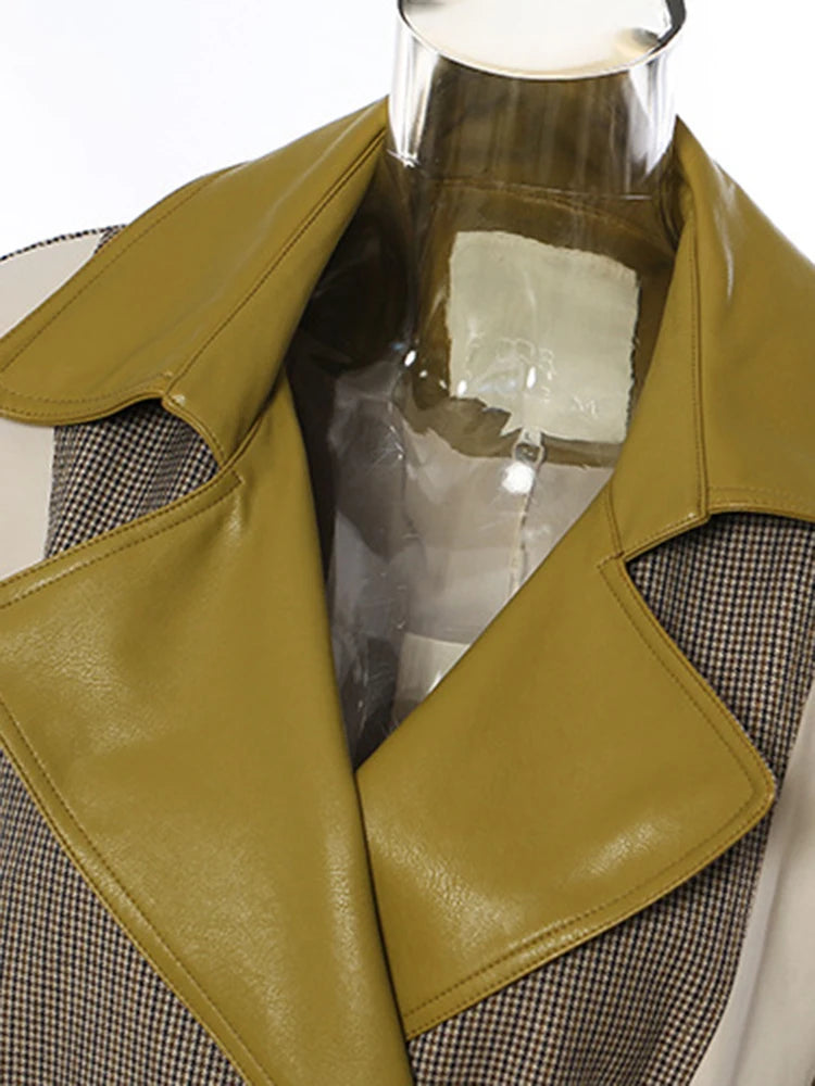 Women Champagne Leather Plaid Big Size Trench New Lapel Long Sleeve Windbreaker Fashion Tide Spring Autumn 2025 1DF0725