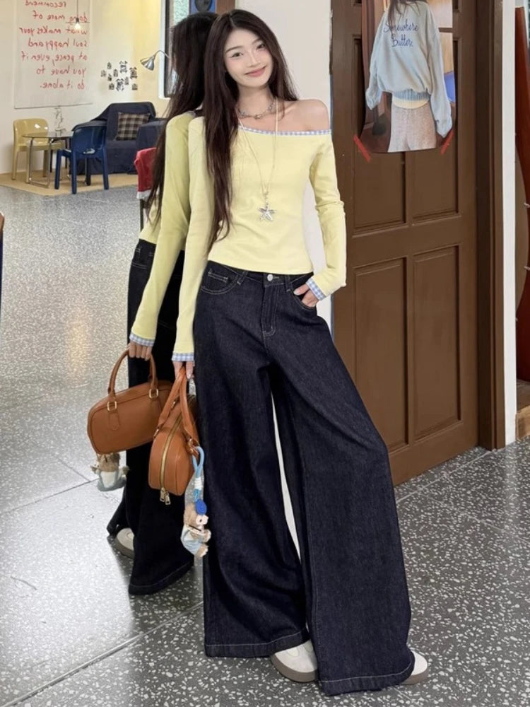 Women Streetwear Vintage Plaid Patchwork Tees Y2k Aesthetic Skew Collar Casual Loose T Shirts Spring Harajuku Grunge Crop Tops