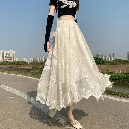 Load image into Gallery viewer, Spring Summer French Retro Solid Lace Slim Irregular Long Skirt Women High Waist Elegant Party Pleated Skirt Fashion Streetwear
