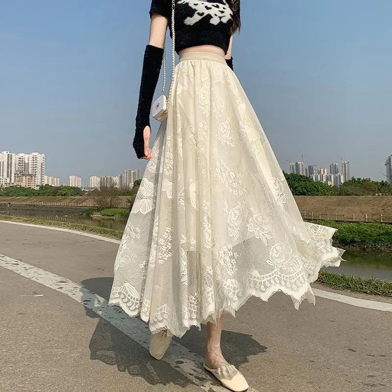 Spring Summer French Retro Solid Lace Slim Irregular Long Skirt Women High Waist Elegant Party Pleated Skirt Fashion Streetwear