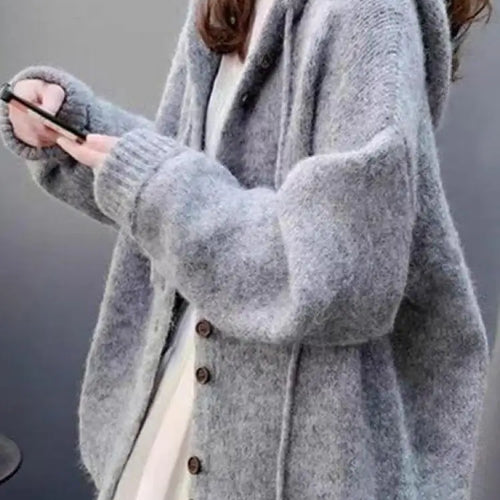 Load image into Gallery viewer, Korean Fashion Solid Elegant Single Breasted Short Hooded Sweater Women Autumn Winter Long Sleeve Vacation Cardigan Knitted Tops
