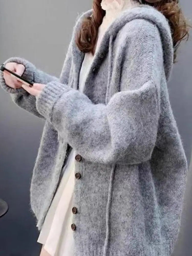 Korean Fashion Solid Elegant Single Breasted Short Hooded Sweater Women Autumn Winter Long Sleeve Vacation Cardigan Knitted Tops