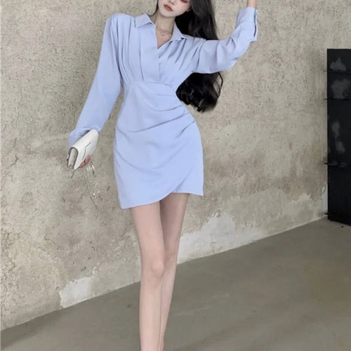 Load image into Gallery viewer, Shirt Mini Dress Women Korean Style Kpop Slim Wrap Design Short Party Dresses Autumn Winter Fashion New in Basics
