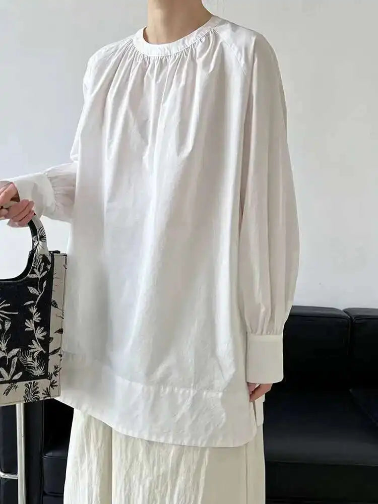 Women Yellow Big Size Long Blouse New Round Neck Long Sleeve Loose Fit Shirt Fashion Tide Spring Autumn 2025 1DH0197