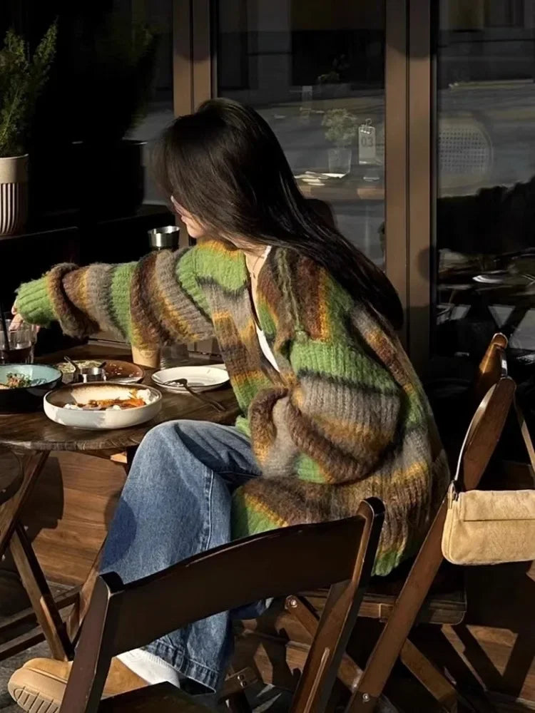 New Fashion Grunge Striped Women Knitwear 2025 Streetwear All Match Loose Y2k Aesthetic Sweaters Casual Vintage Cardigans Autumn