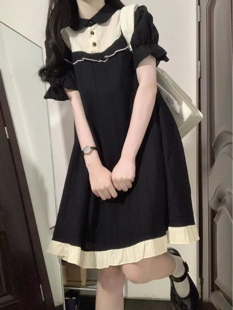 School Kawaii Lolita Dress Japanese Sweet Harajuku Cute Student Black Puff Sleeve Party Dresses Autumn