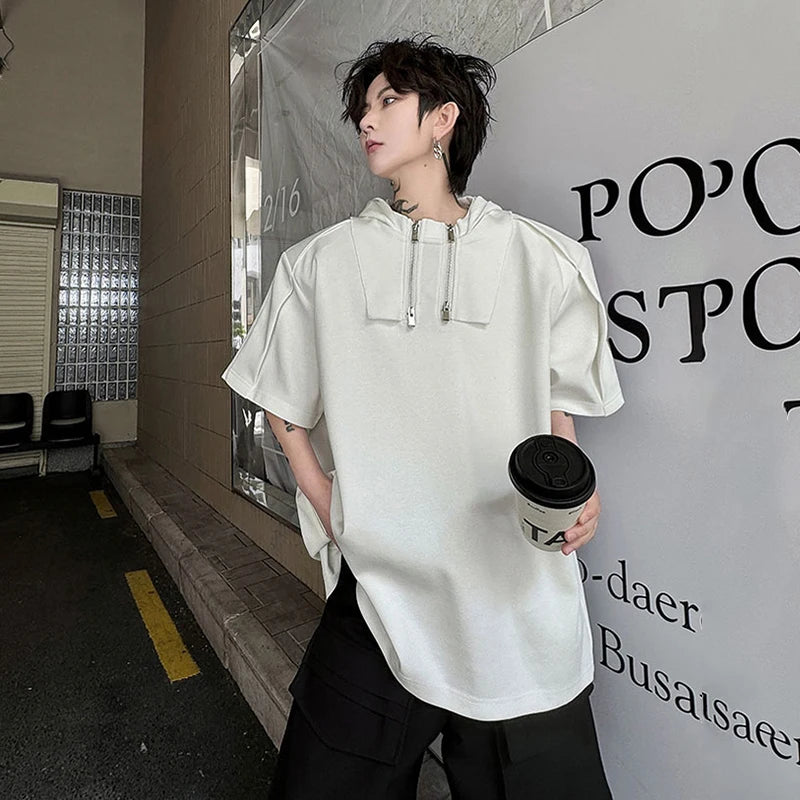 Men's  Hooded T-shirt Loose Zipper Decoration Design Casual Short Sleeve Pullover Male Top Summer Fashion 8W3134