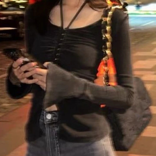 Load image into Gallery viewer, Autumn Black Sexy Halter Streetwear Tees Single Breasted Pleated Harajuku Slim Tops Grunge Split Women T-shirts Y2k Aesthetic
