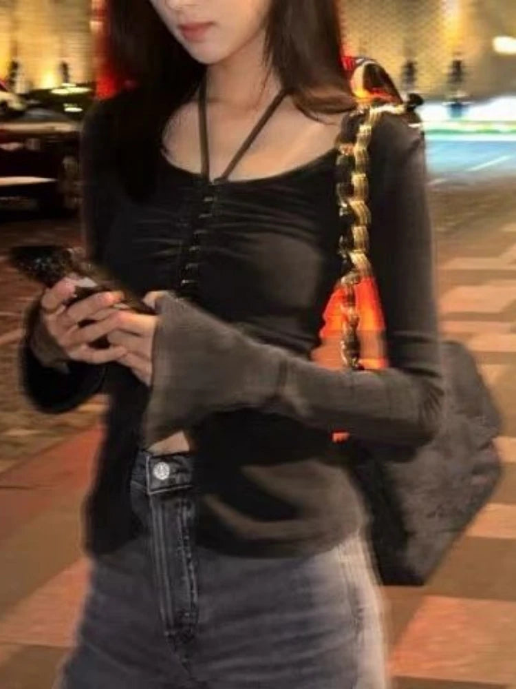 Autumn Black Sexy Halter Streetwear Tees Single Breasted Pleated Harajuku Slim Tops Grunge Split Women T-shirts Y2k Aesthetic