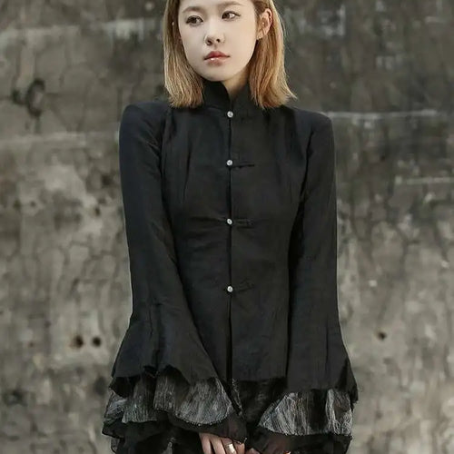 Load image into Gallery viewer, Women Black Mesh Printed Irregular Blouse New Stand Collar Long Sleeve Loose Fit Shirt Fashion Spring Autumn 2025 1DF6824
