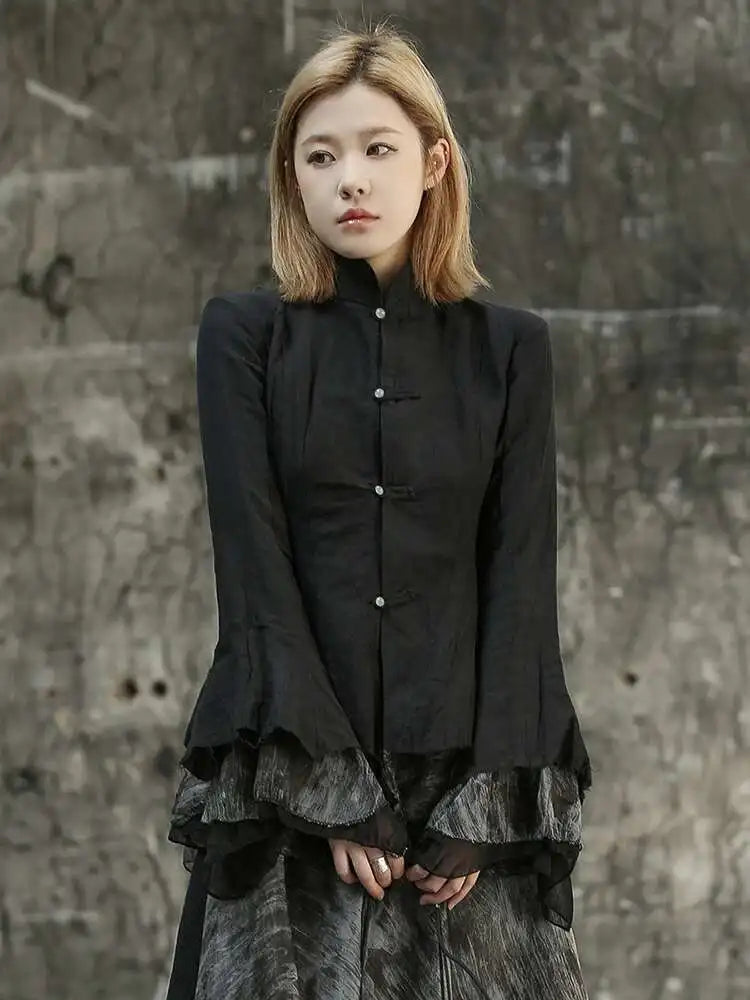 Women Black Mesh Printed Irregular Blouse New Stand Collar Long Sleeve Loose Fit Shirt Fashion Spring Autumn 2025 1DF6824