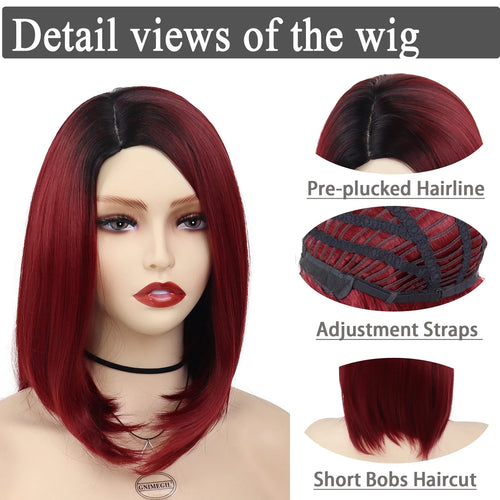 Load image into Gallery viewer, Synthetic Short Bob Wig for White Women Straight Hair Wine Red Wig Black Dark Color Hairline Quality Cosplay Wig Female
