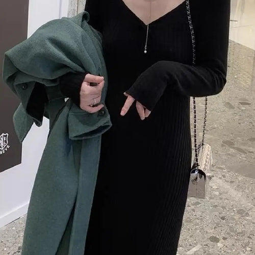 Load image into Gallery viewer, Vintage Solid Festival Slim Long Sleeve Square V Neck Midi Dress 2023 Fall Winter Evening Party Elegant Dress Simplicity Popular
