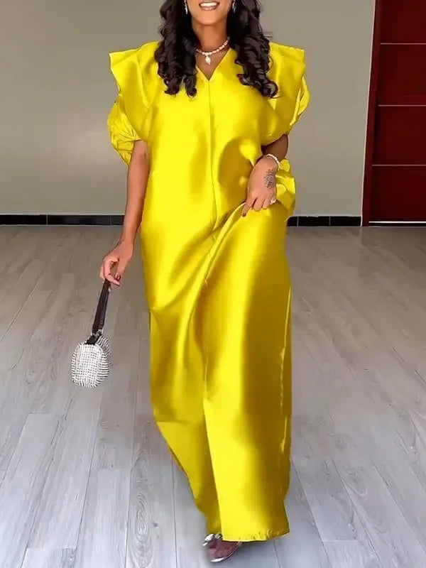 Evening Prom Pleated Long Dresses for Women Summer Puff Sleeves V-neck Woman Split-front Loose Maxi Dresses